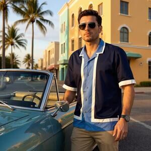 Cubavera Men's Large Blue & White Button Down Shirt 100% Viscose NEW w/tags
